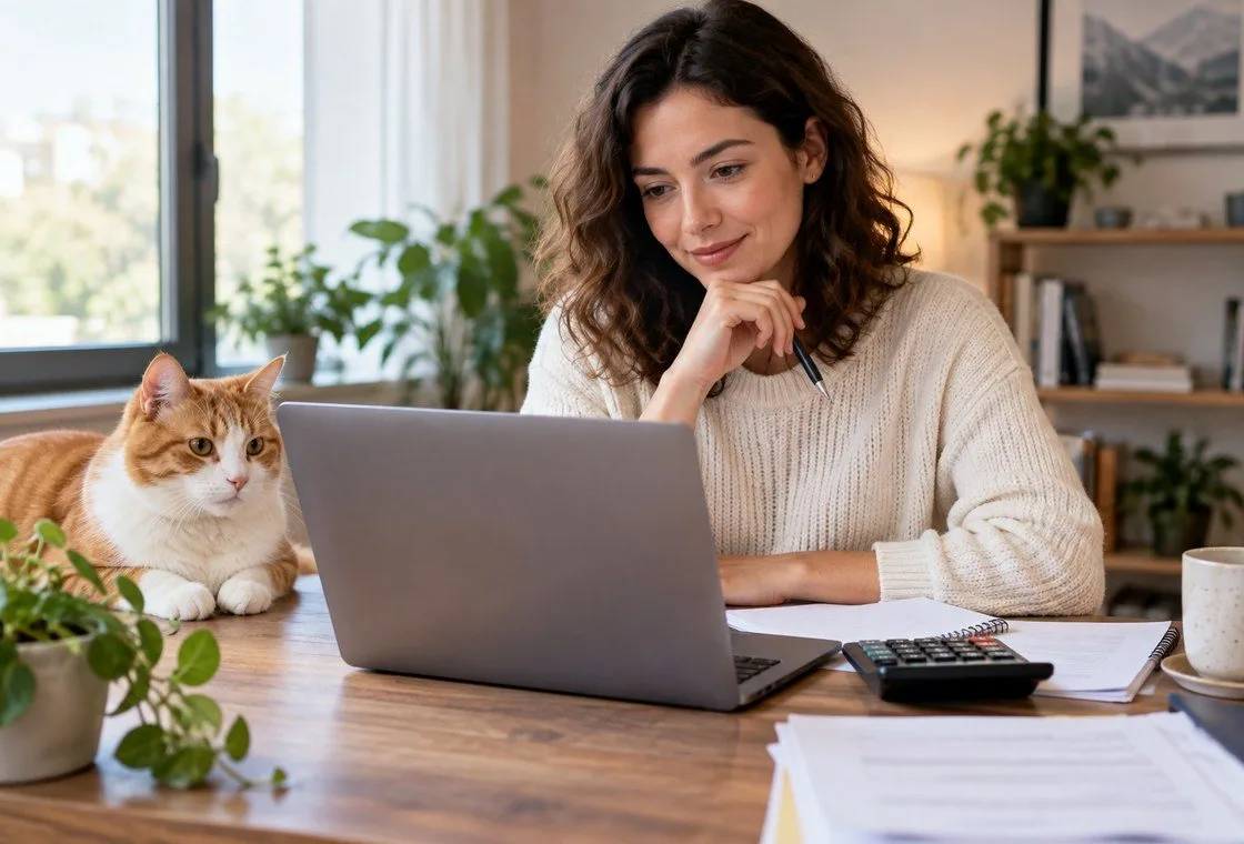 Orange-and-white cat beside an owner comparing information on a laptop